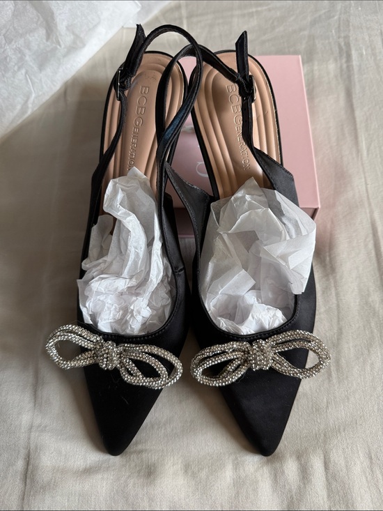 BCBGeneration Shoes - BCBGeneration Black Satin Slingback Pumps with Crystal Bow Accent